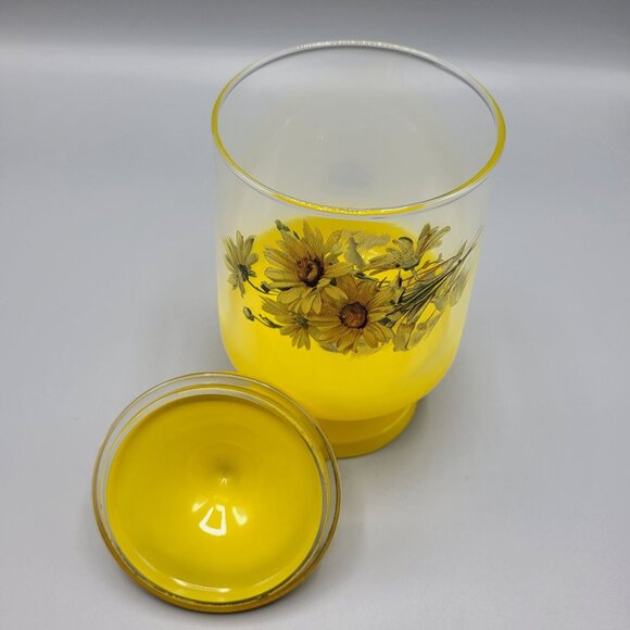 Vintage MCM Footed Glass Vanity Jar with Lid Yellow Floral Sunflower Home Decor - Picture 11 of 12